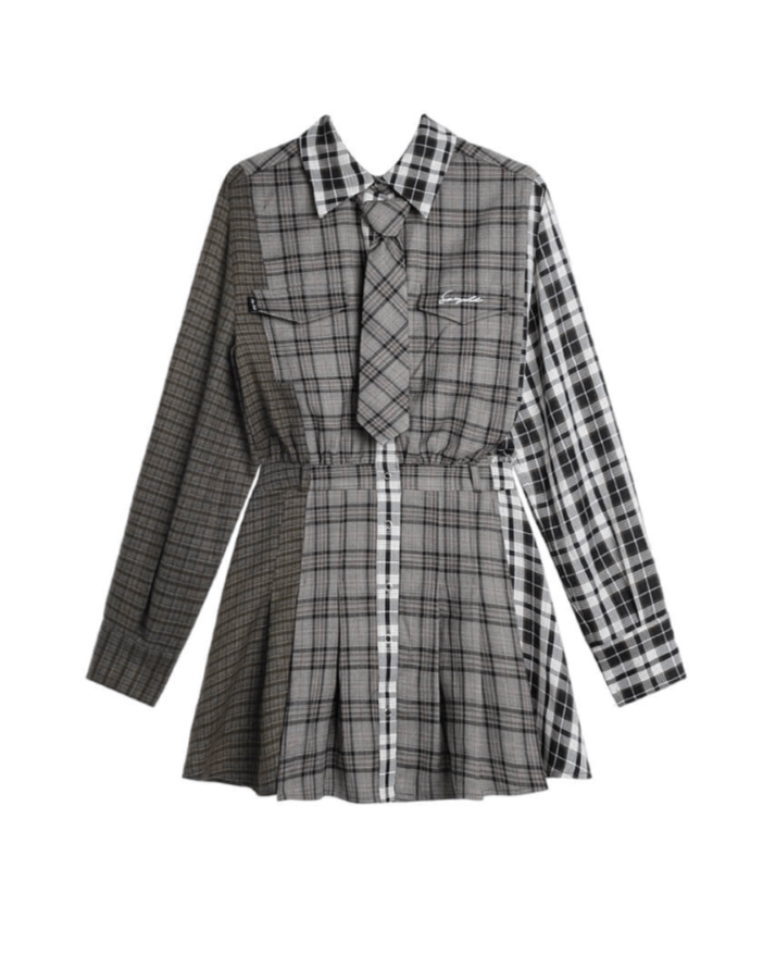 PATCHWORK CHECK SHIRT TIE DRESS