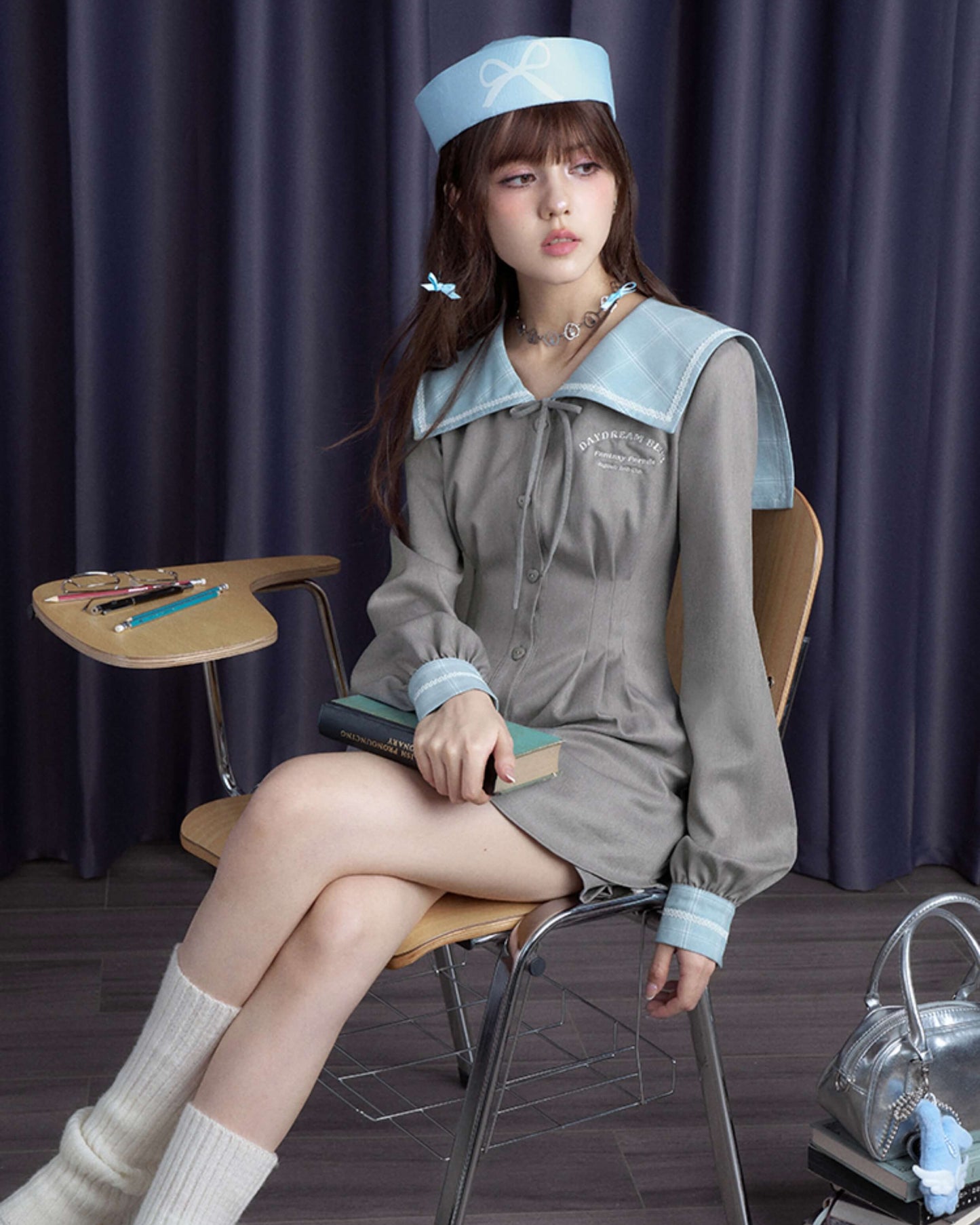 PLAID SAILOR COLLAR SHIRT DRESS SHORTS SET