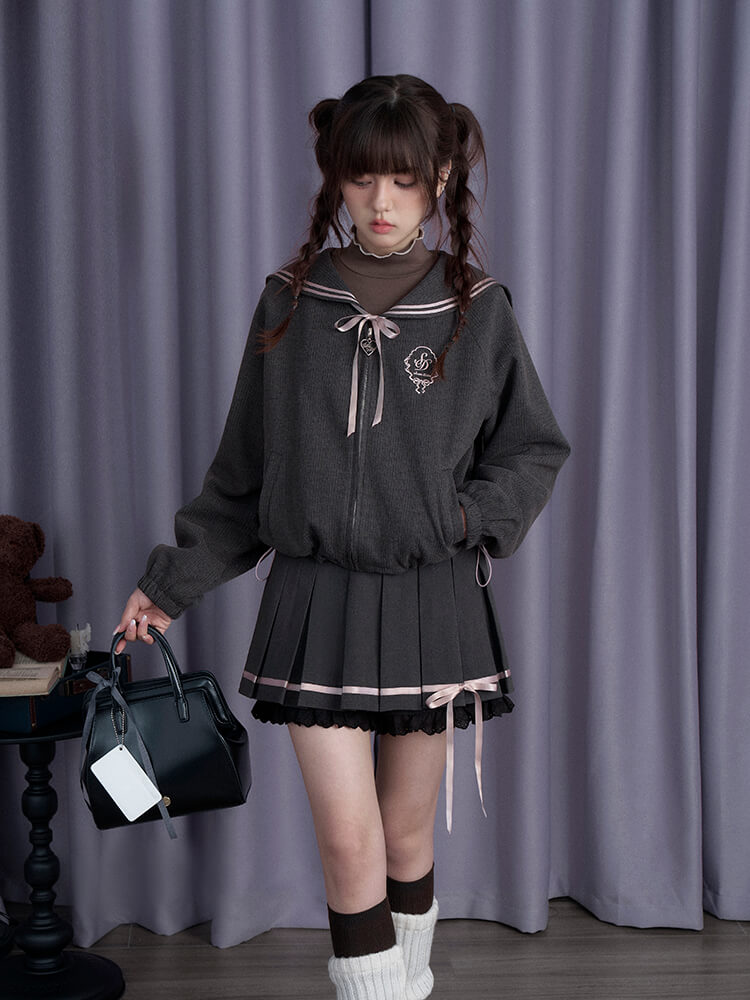 SAILOR COLLAR RIBBON ZIP BLOUSON