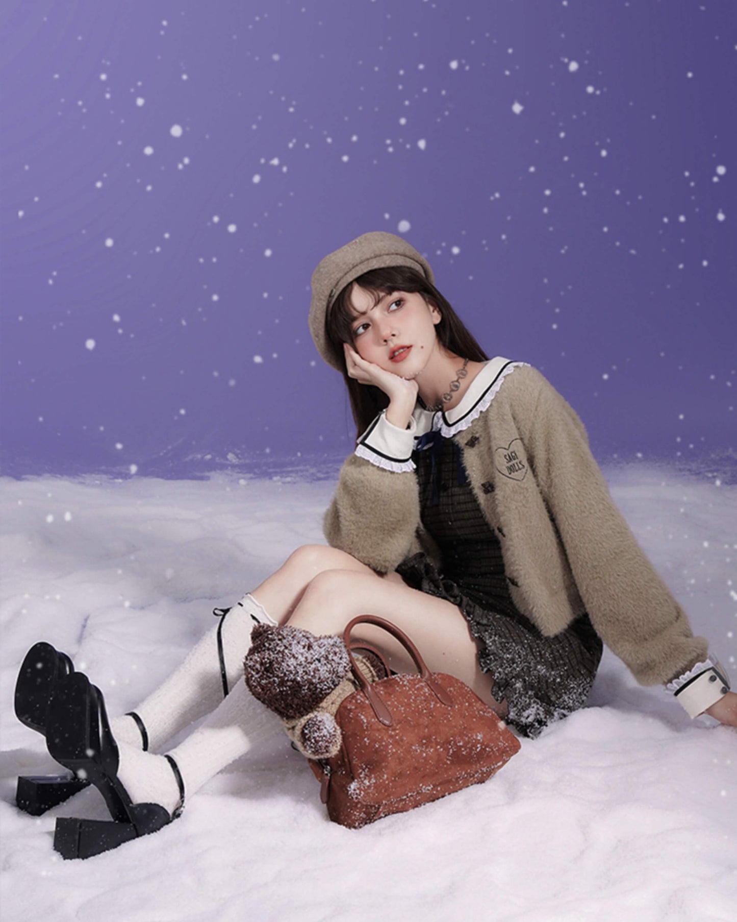 CHECK LACE COLLAR RIBBON MINI DRESS
