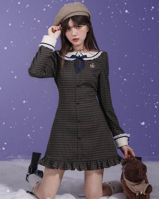 CHECK LACE COLLAR RIBBON MINI DRESS