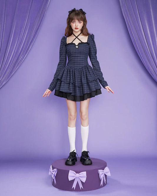 PLAID LACE CROSS-STRAP TIERED DRESS