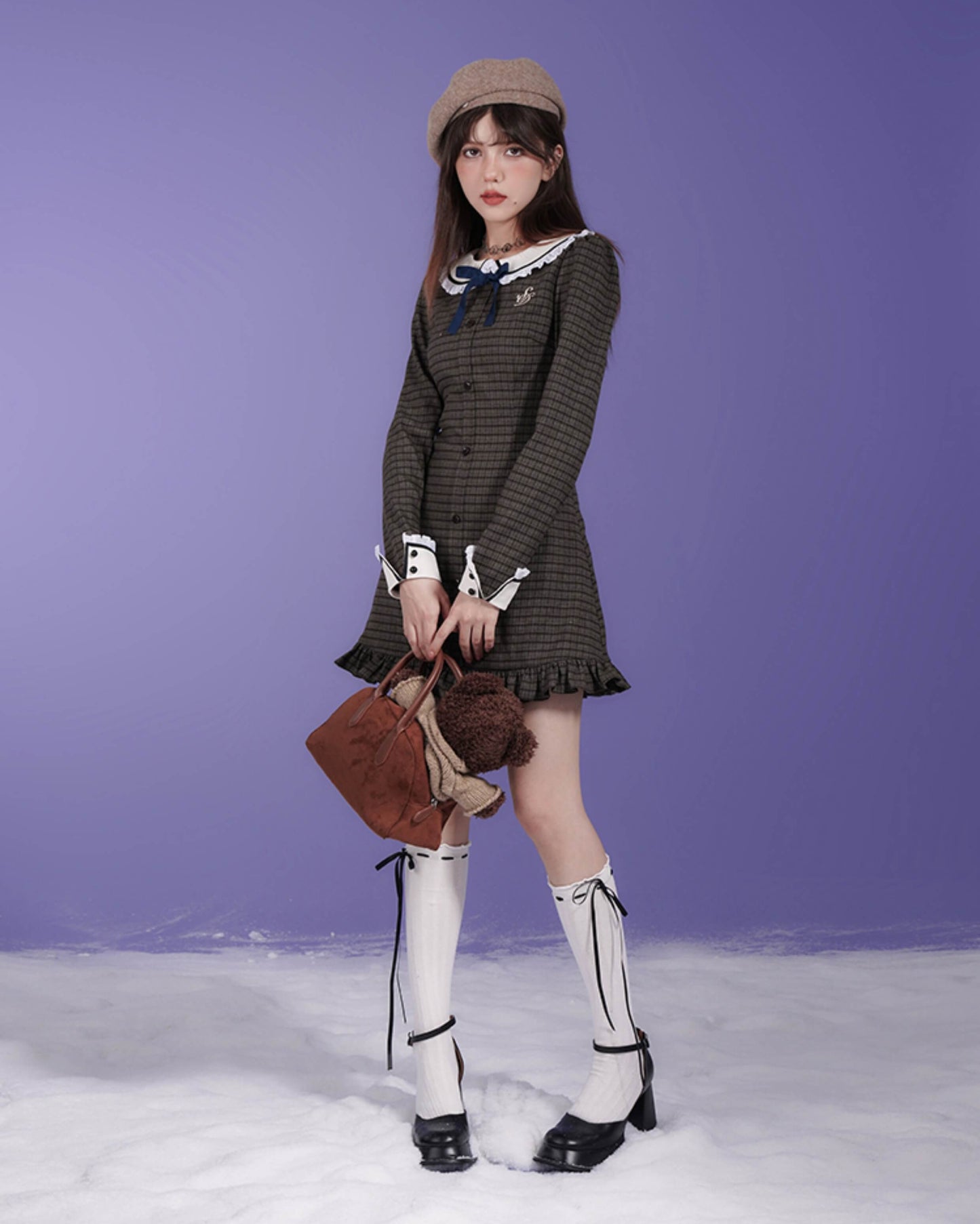 CHECK LACE COLLAR RIBBON MINI DRESS
