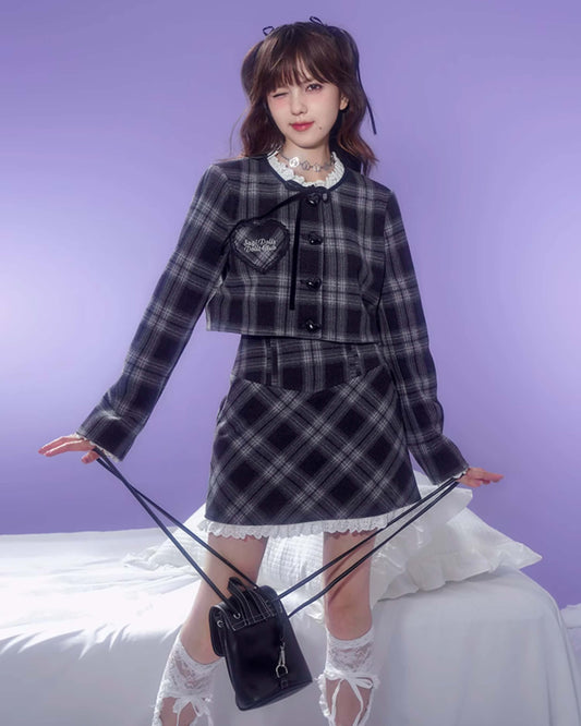CHECK CROPPED JACKET MINI SKIRT SET UP