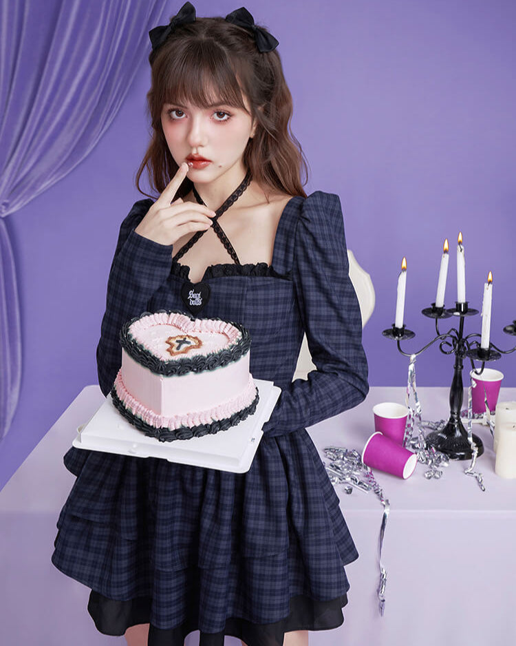 PLAID LACE CROSS-STRAP TIERED DRESS