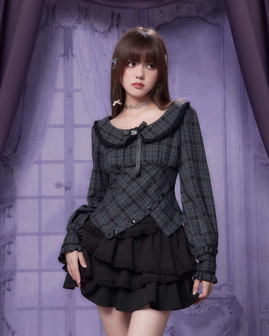 PLAID FRILL COLLAR CORSET BLOUSE