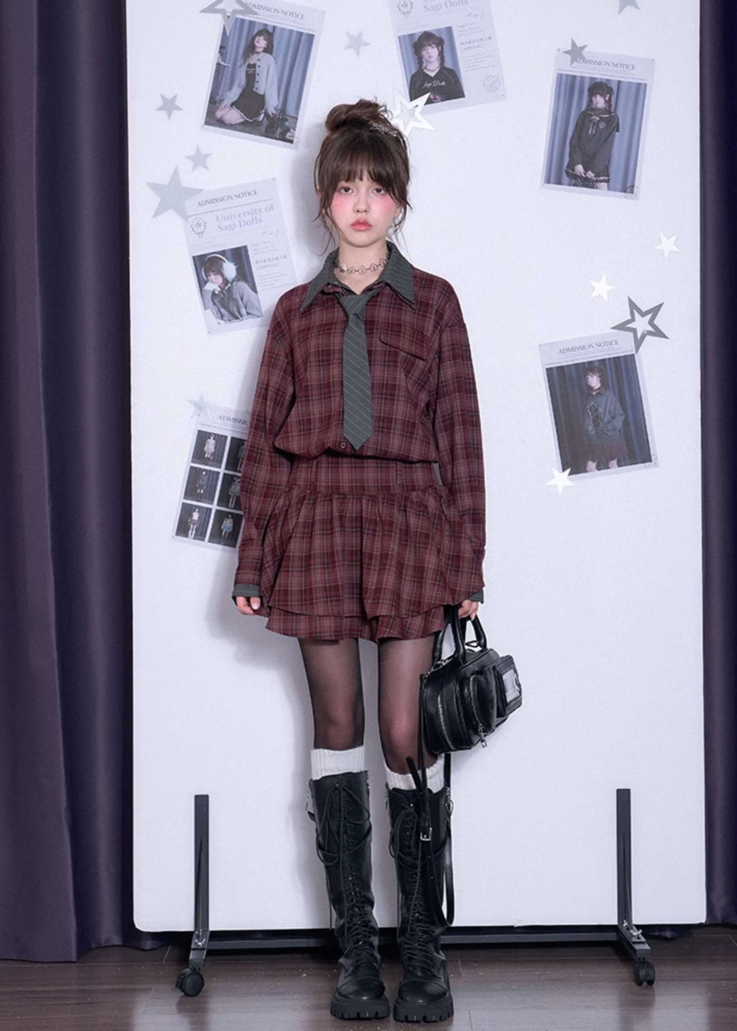 PLAID DOUBLE-COLLAR TIE SHIRT DRESS