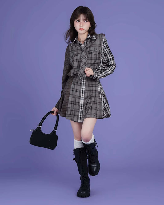 PATCHWORK CHECK SHIRT TIE DRESS