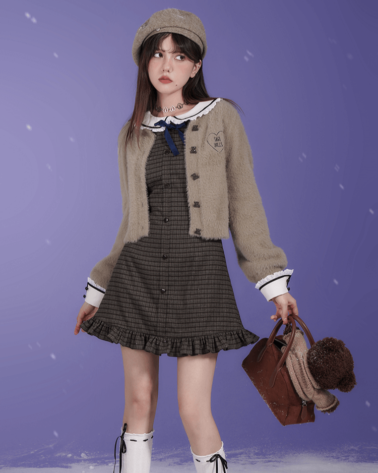 CHECK LACE COLLAR RIBBON MINI DRESS