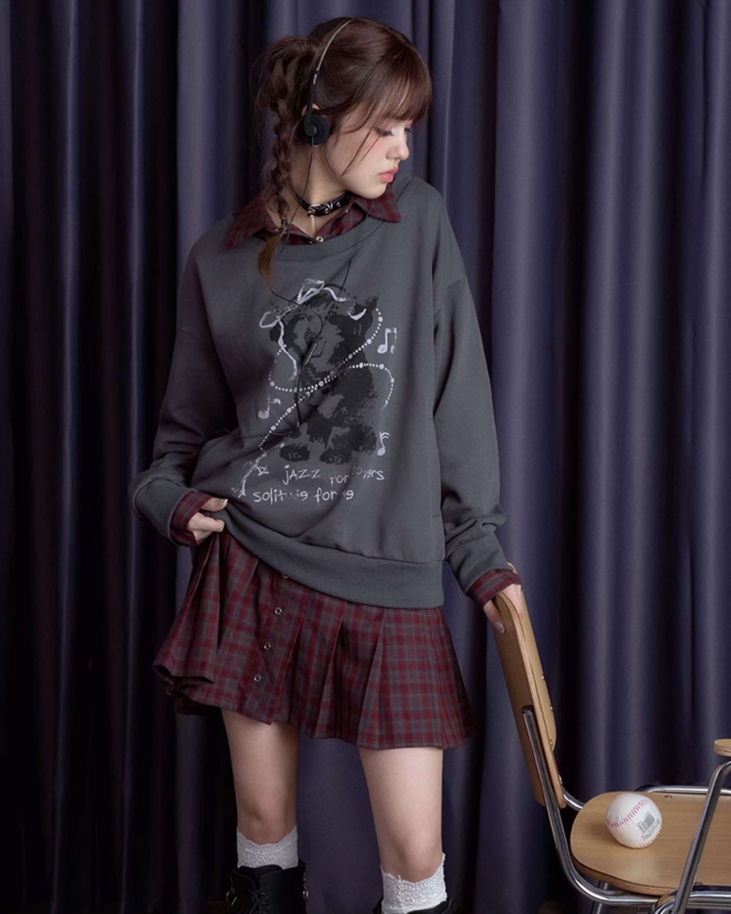 FAUX LAYERED CAT SWEAT CHECK DRESS