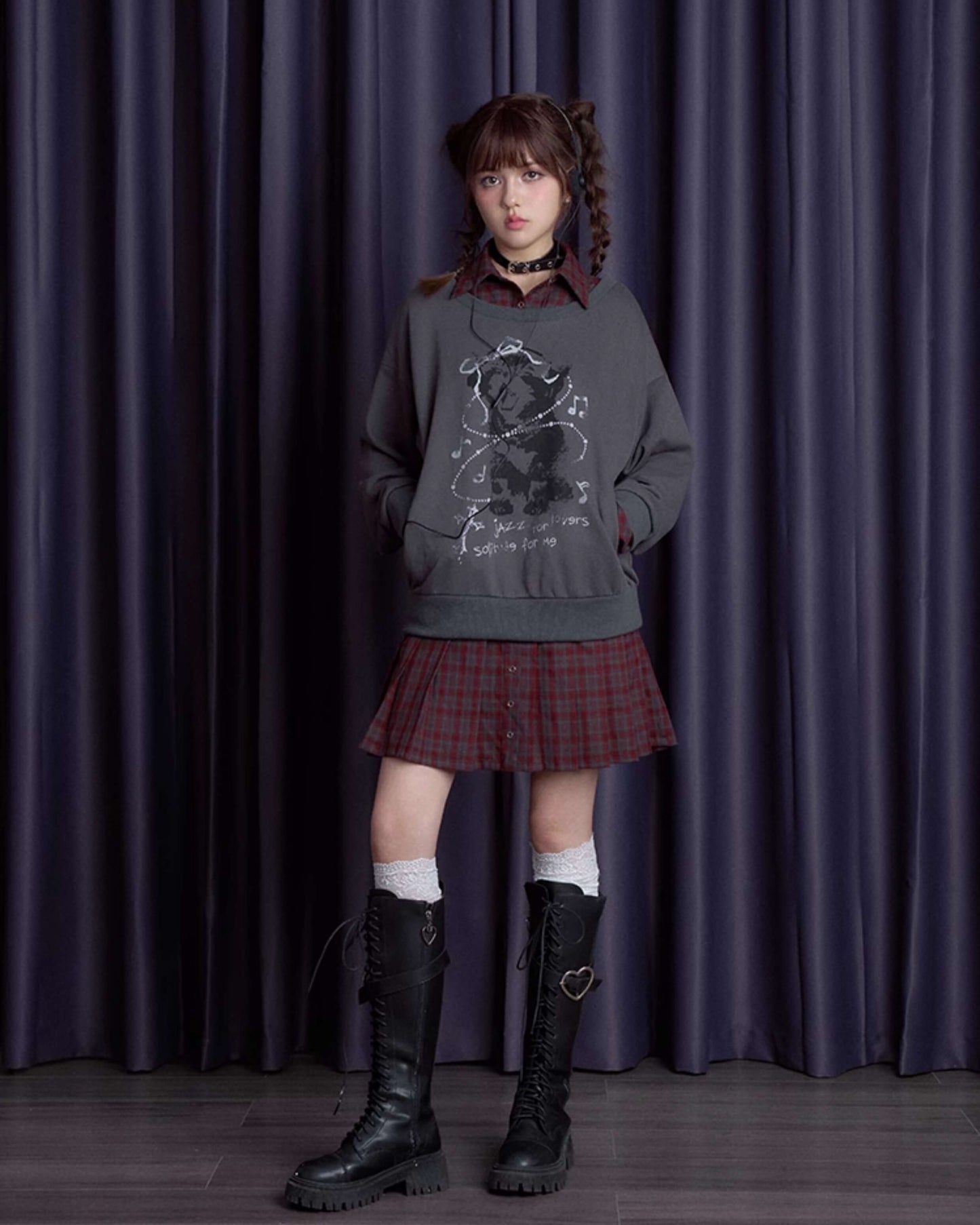 FAUX LAYERED CAT SWEAT CHECK DRESS