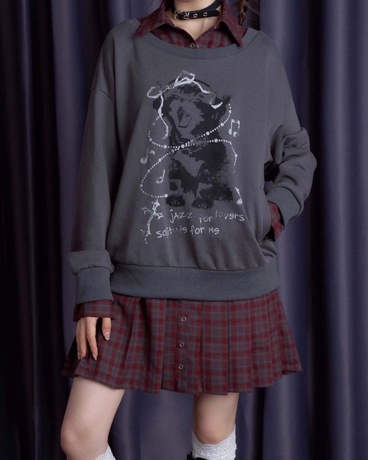 FAUX LAYERED CAT SWEAT CHECK DRESS