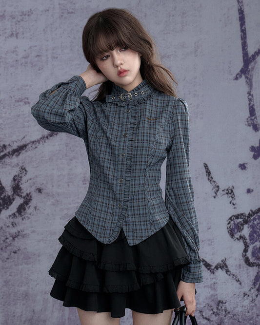 CHECK FRILL BUCKLE-NECK CORSET SHIRT