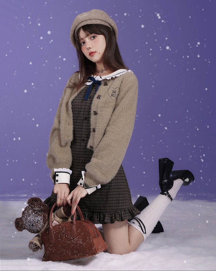 CHECK LACE COLLAR RIBBON MINI DRESS