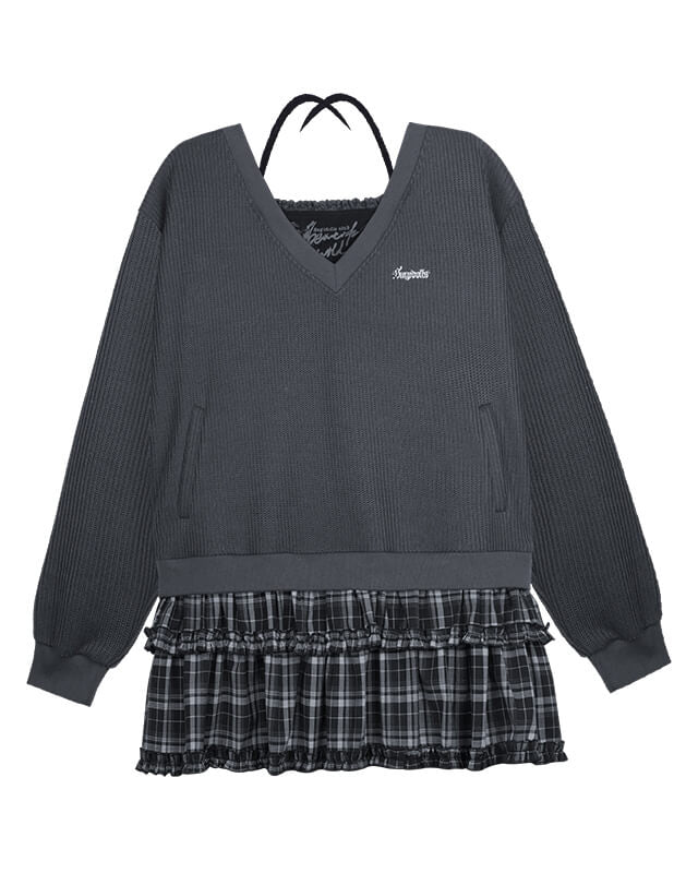 V-NECK KNIT CHECK TIERED DRESS