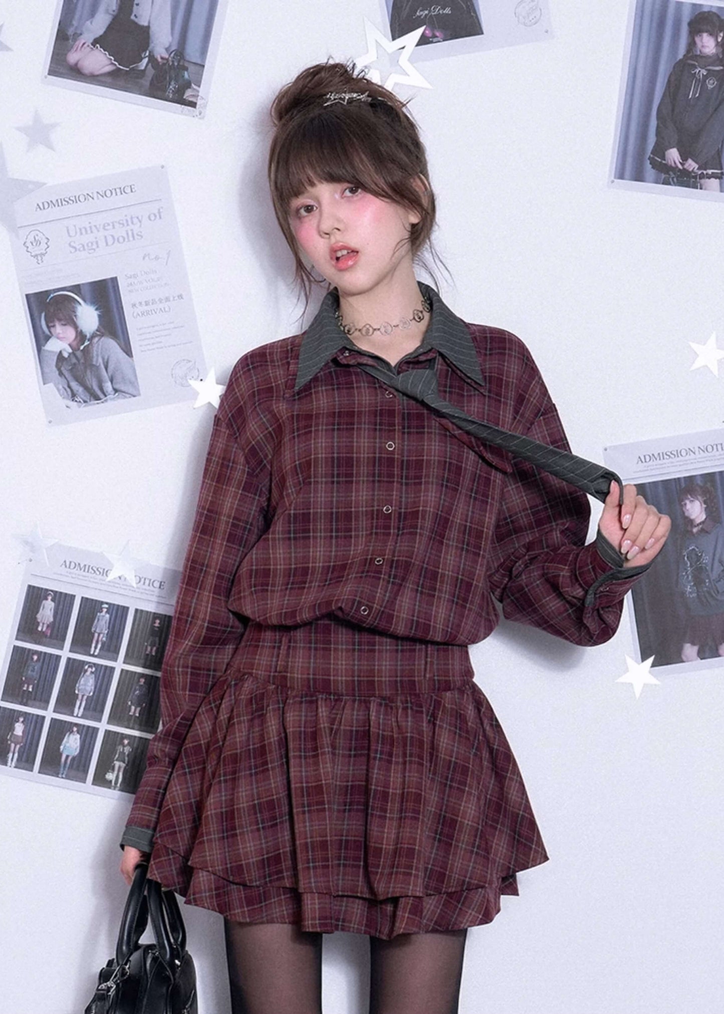 PLAID DOUBLE-COLLAR TIE SHIRT DRESS