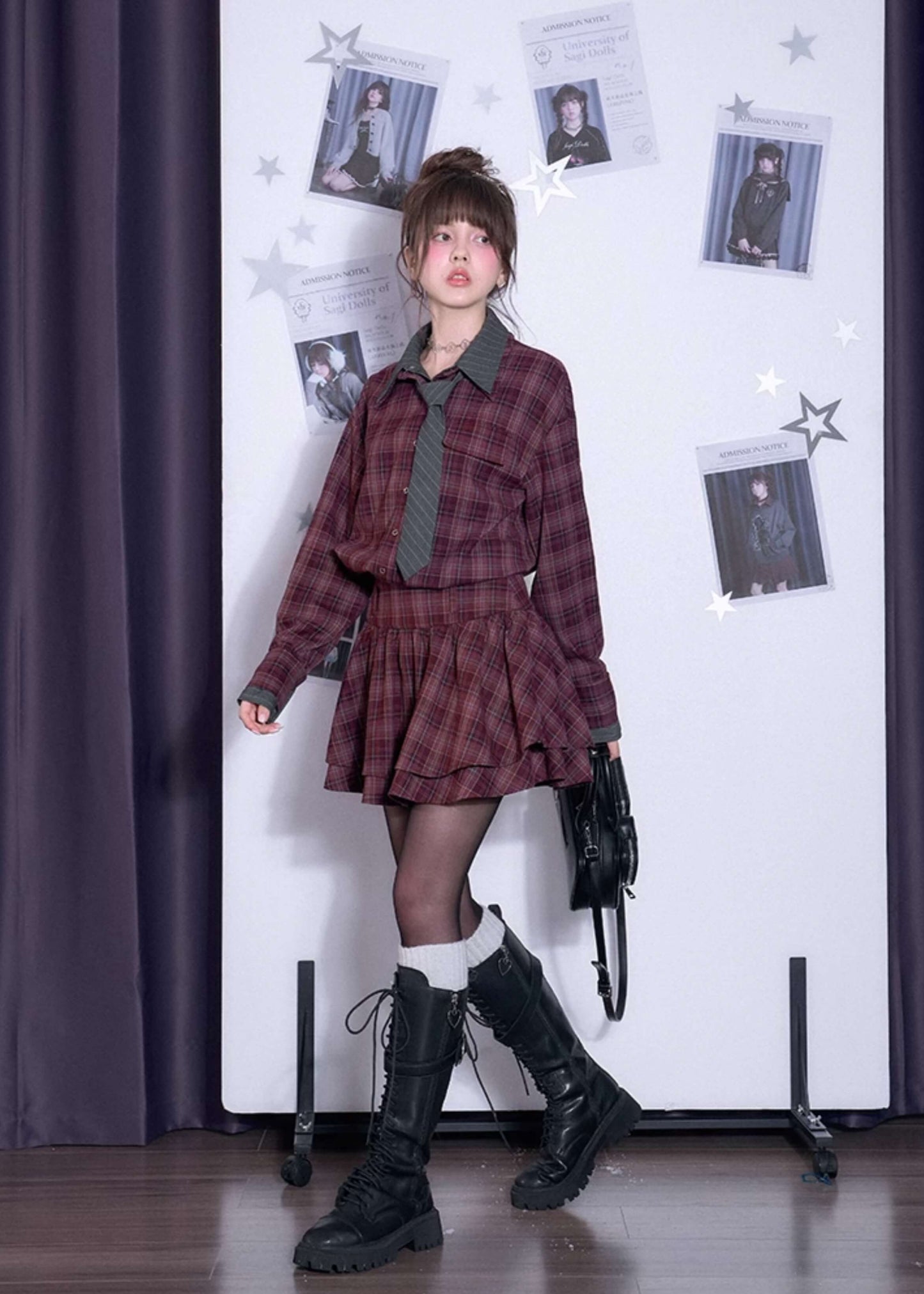 PLAID DOUBLE-COLLAR TIE SHIRT DRESS