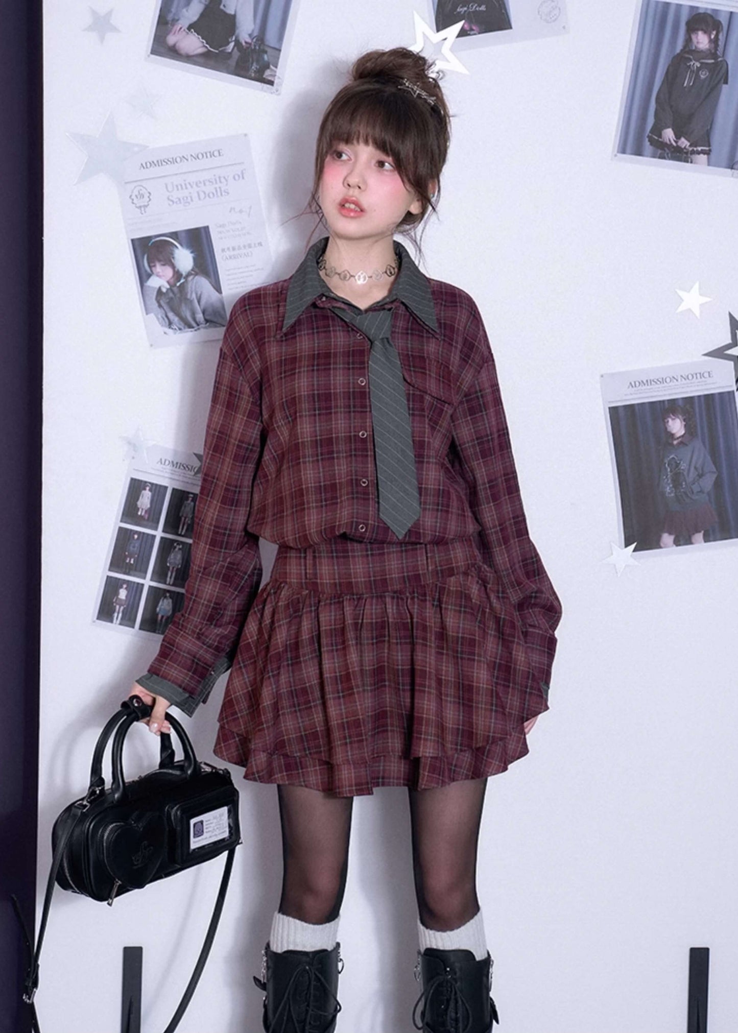 PLAID DOUBLE-COLLAR TIE SHIRT DRESS
