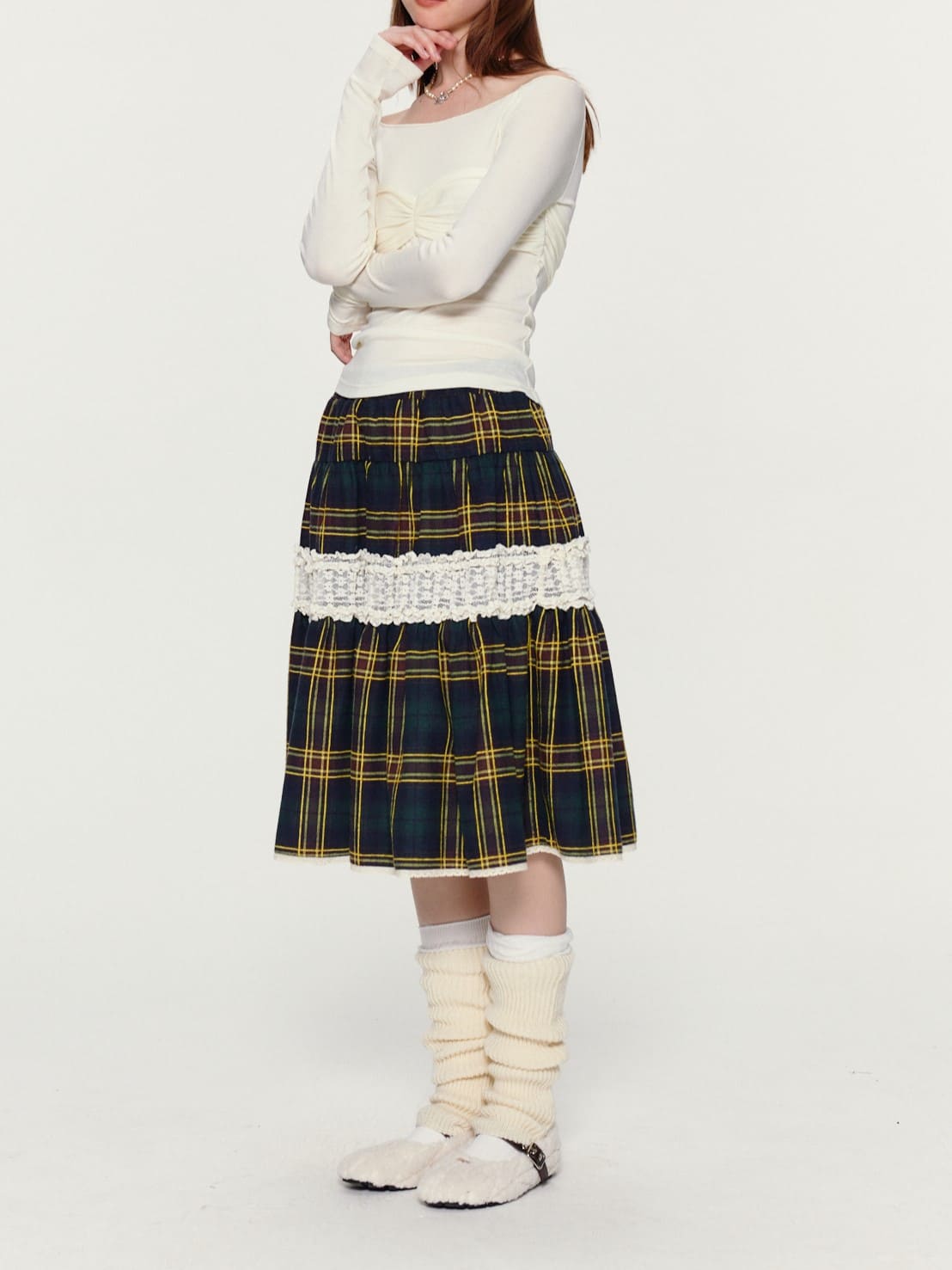 h.naoto blood レースアップエプロン付タータンチェックミニスカート