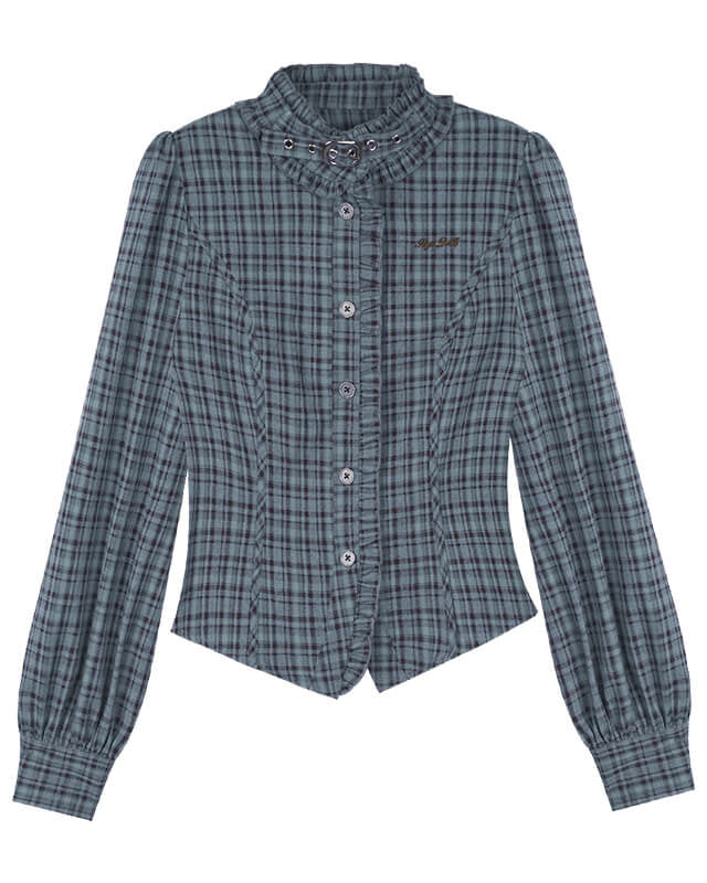 CHECK FRILL BUCKLE-NECK CORSET SHIRT