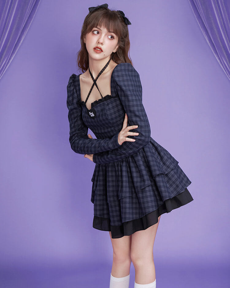 PLAID LACE CROSS-STRAP TIERED DRESS