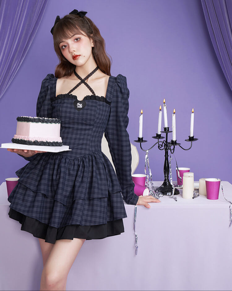 PLAID LACE CROSS-STRAP TIERED DRESS