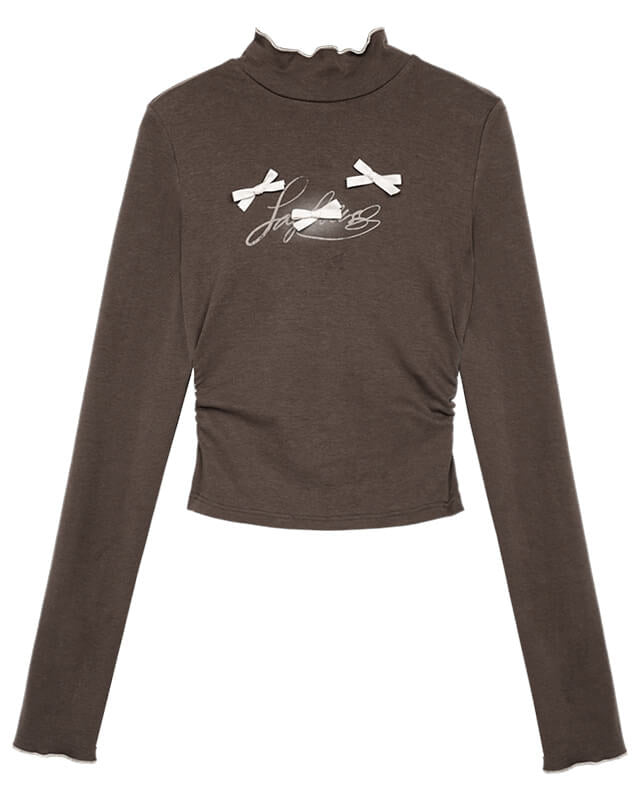 BOW APPLIQUÉ MOCK-NECK RUCHED TOP