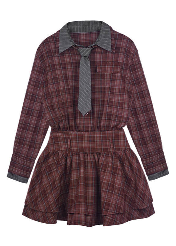 PLAID DOUBLE-COLLAR TIE SHIRT DRESS