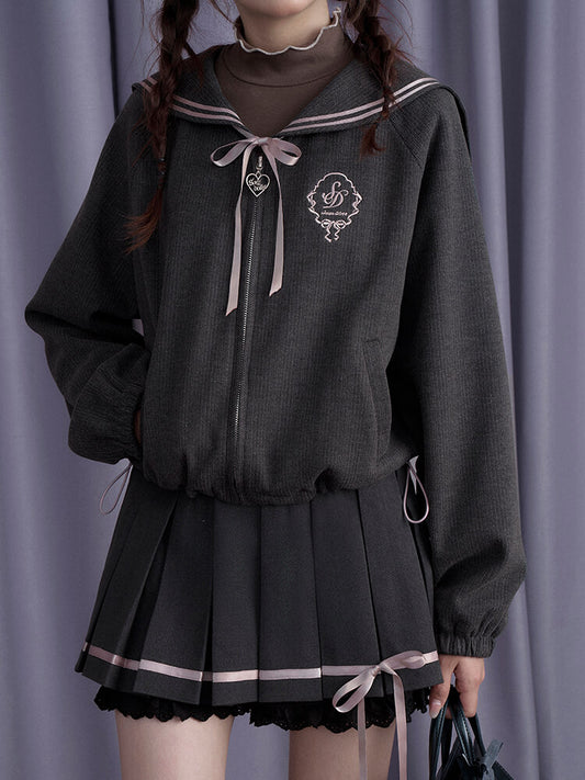 SAILOR COLLAR RIBBON ZIP BLOUSON