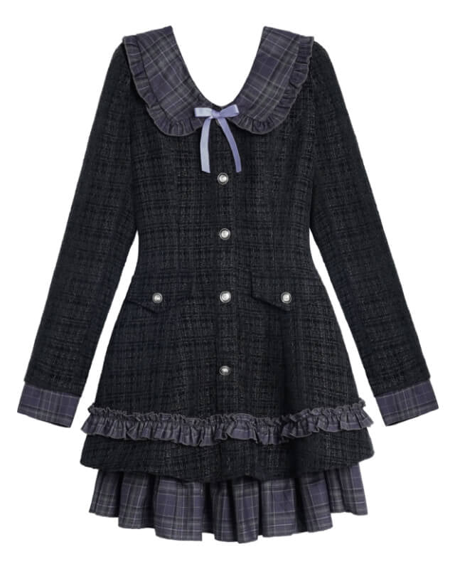 TWEED CHECK FRILL COLLAR LAYERED DRESS