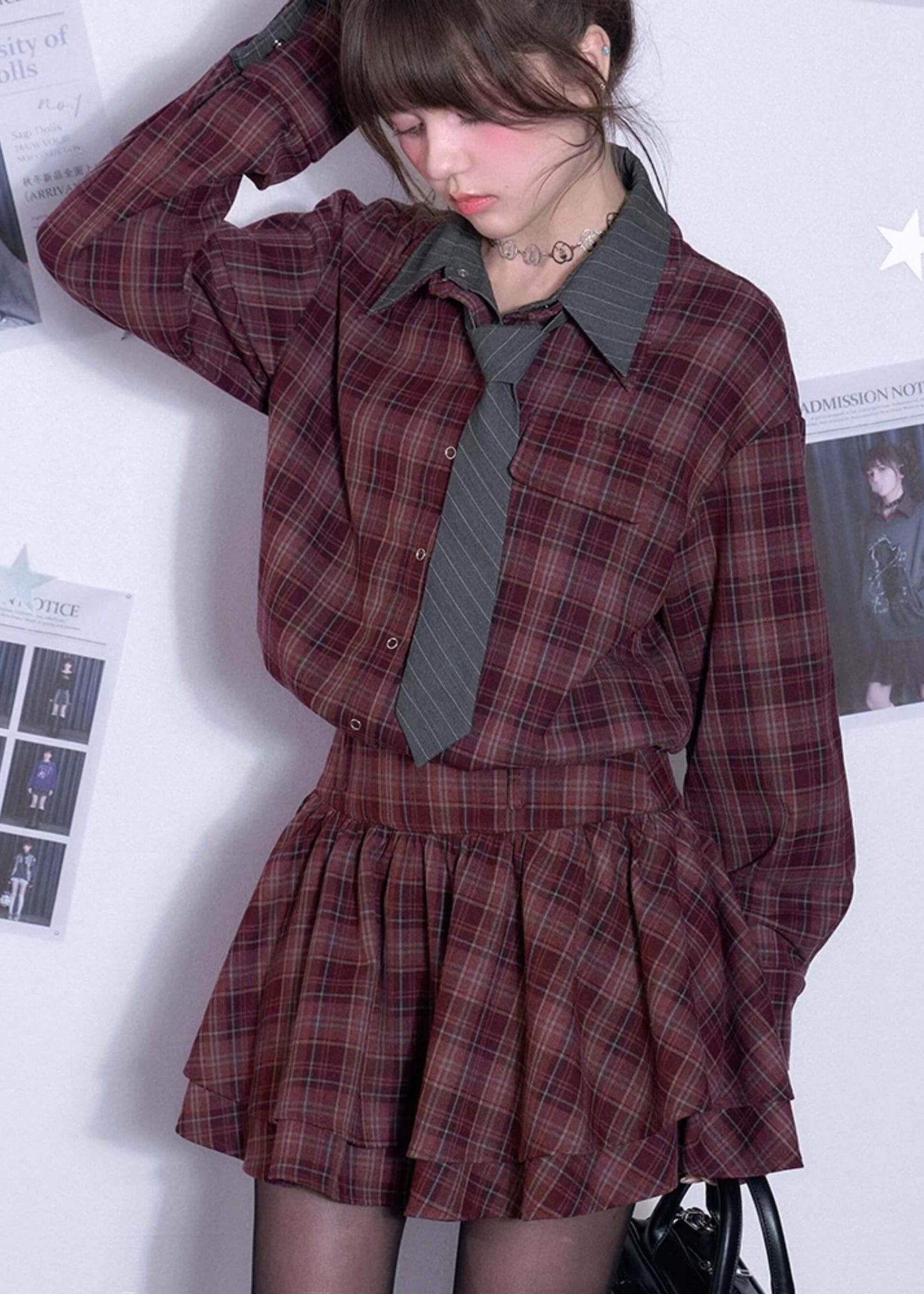 PLAID DOUBLE-COLLAR TIE SHIRT DRESS