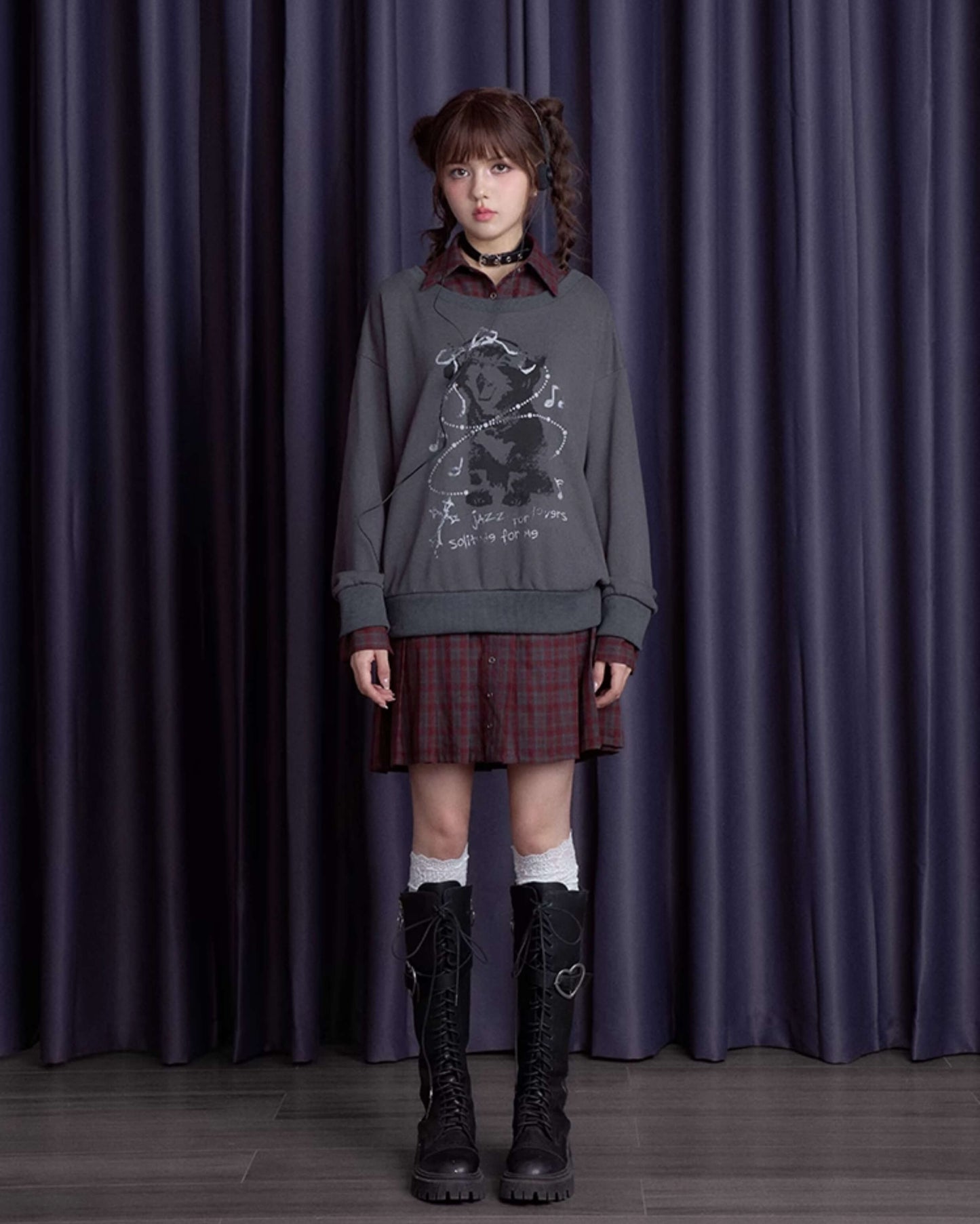 FAUX LAYERED CAT SWEAT CHECK DRESS