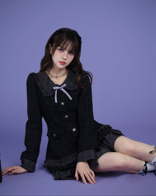 TWEED CHECK FRILL COLLAR LAYERED DRESS