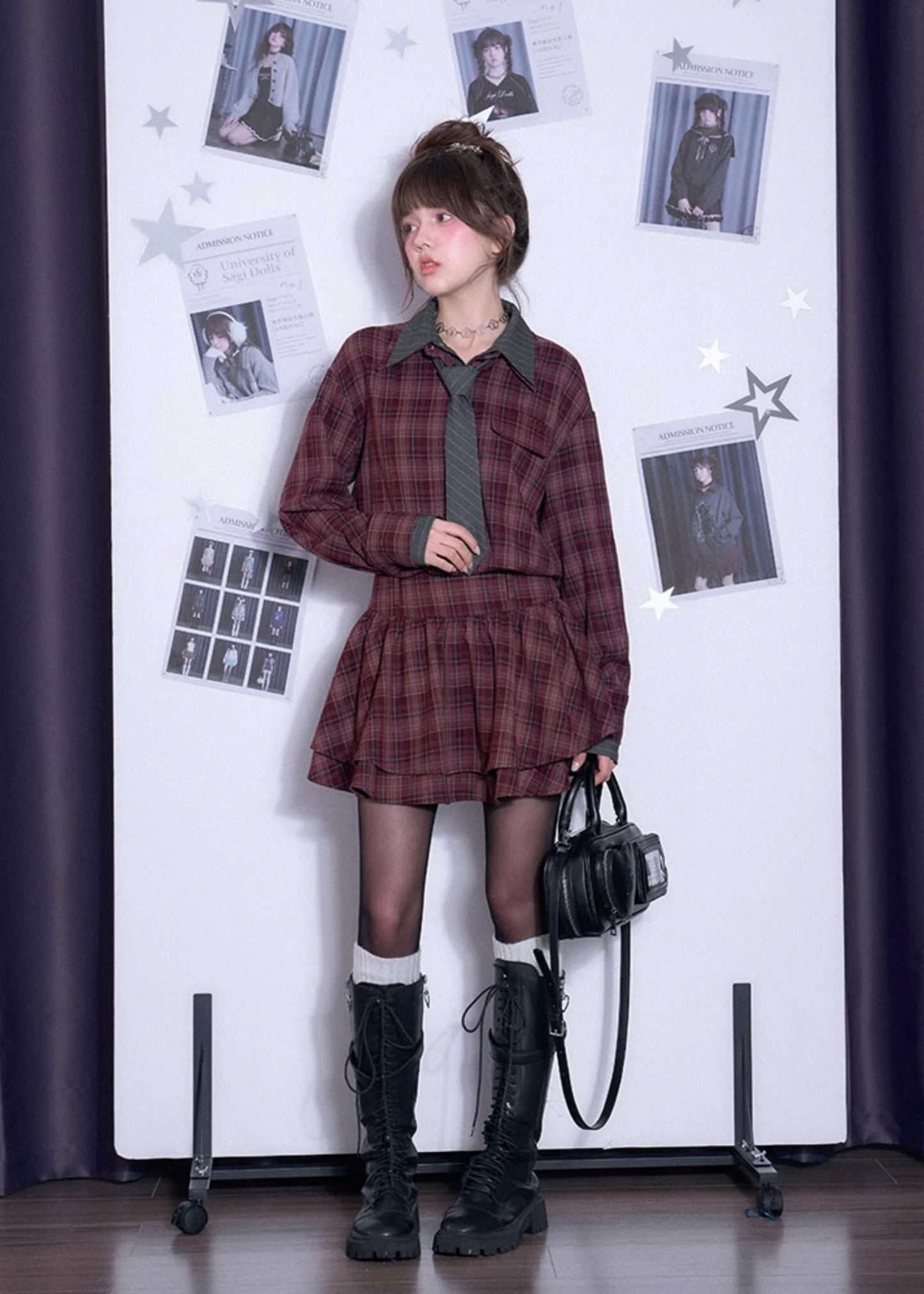 PLAID DOUBLE-COLLAR TIE SHIRT DRESS