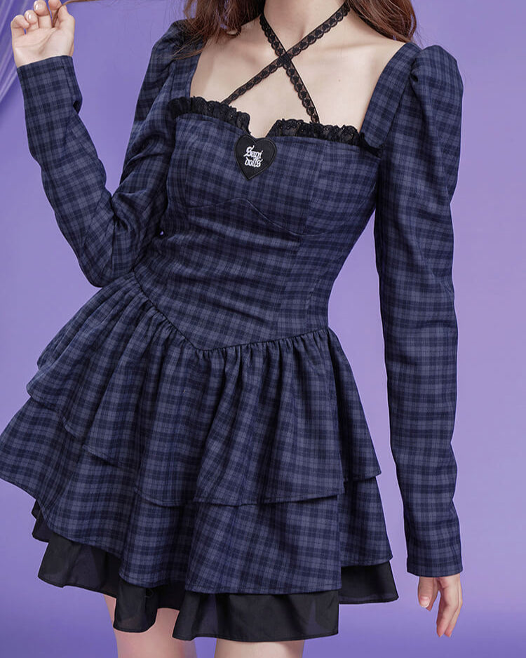 PLAID LACE CROSS-STRAP TIERED DRESS