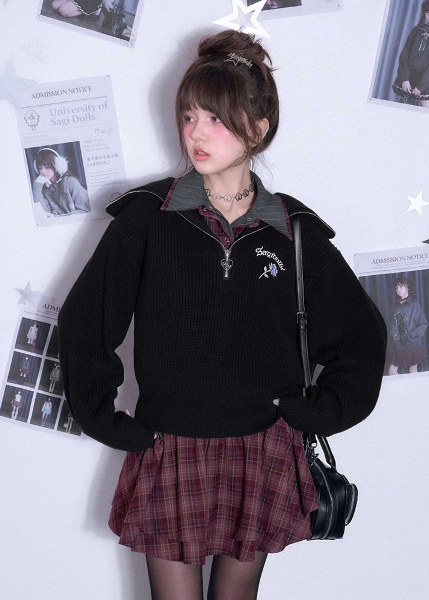PLAID DOUBLE-COLLAR TIE SHIRT DRESS