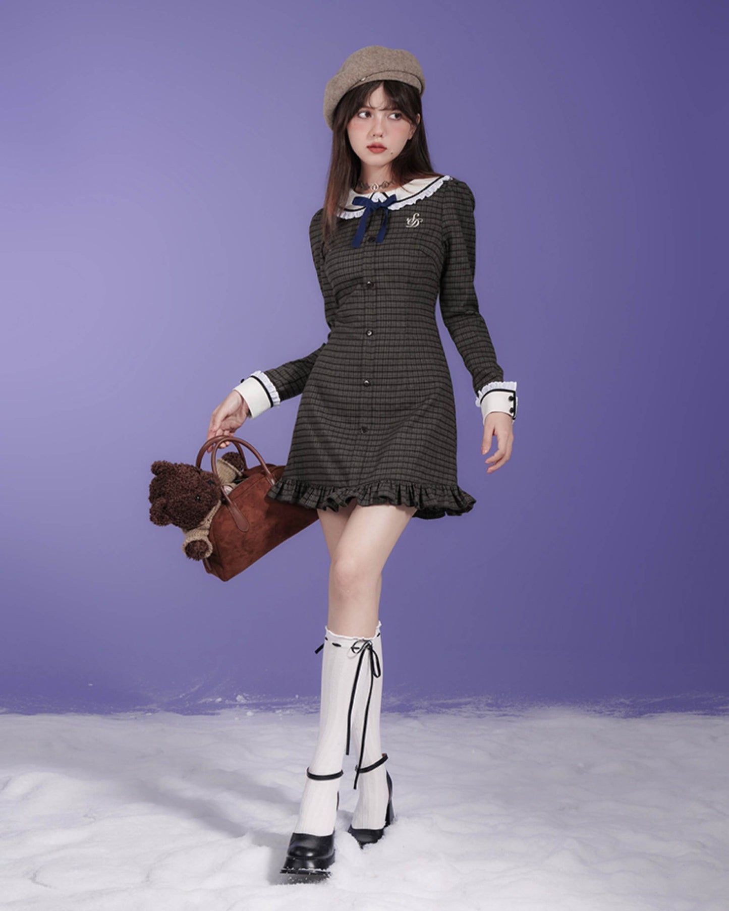 CHECK LACE COLLAR RIBBON MINI DRESS