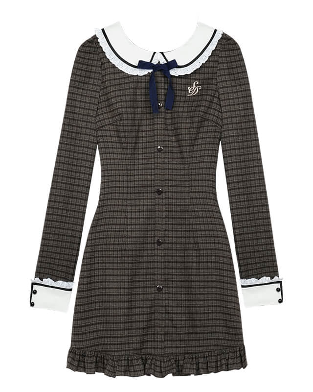 CHECK LACE COLLAR RIBBON MINI DRESS