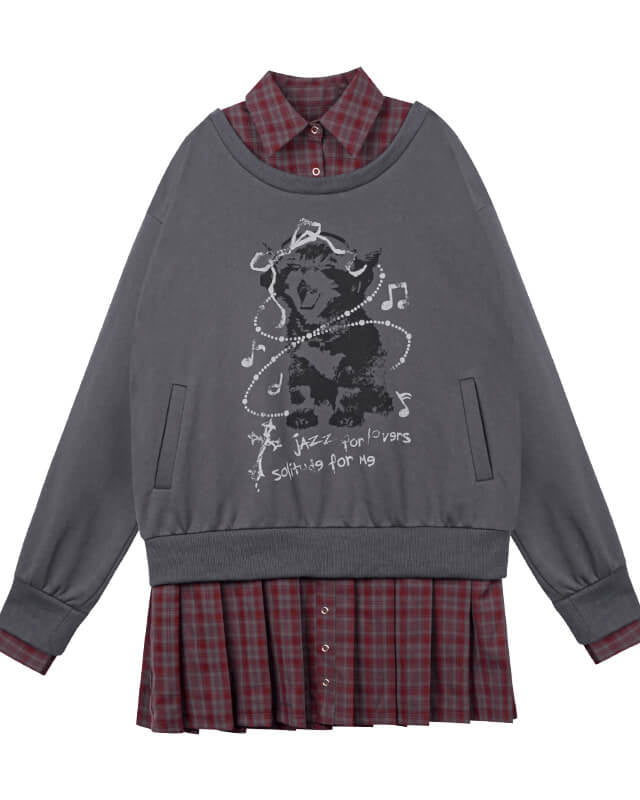 FAUX LAYERED CAT SWEAT CHECK DRESS