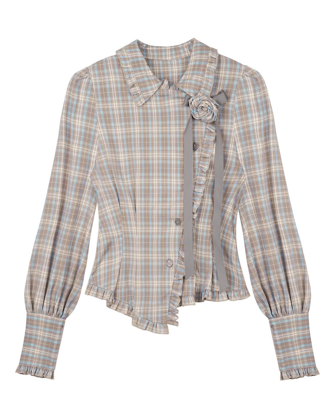 PLAID FRILL ROSE RIBBON BLOUSE