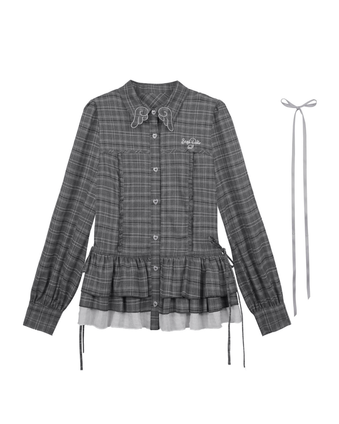CHECK WING COLLAR PEPLUM BLOUSE