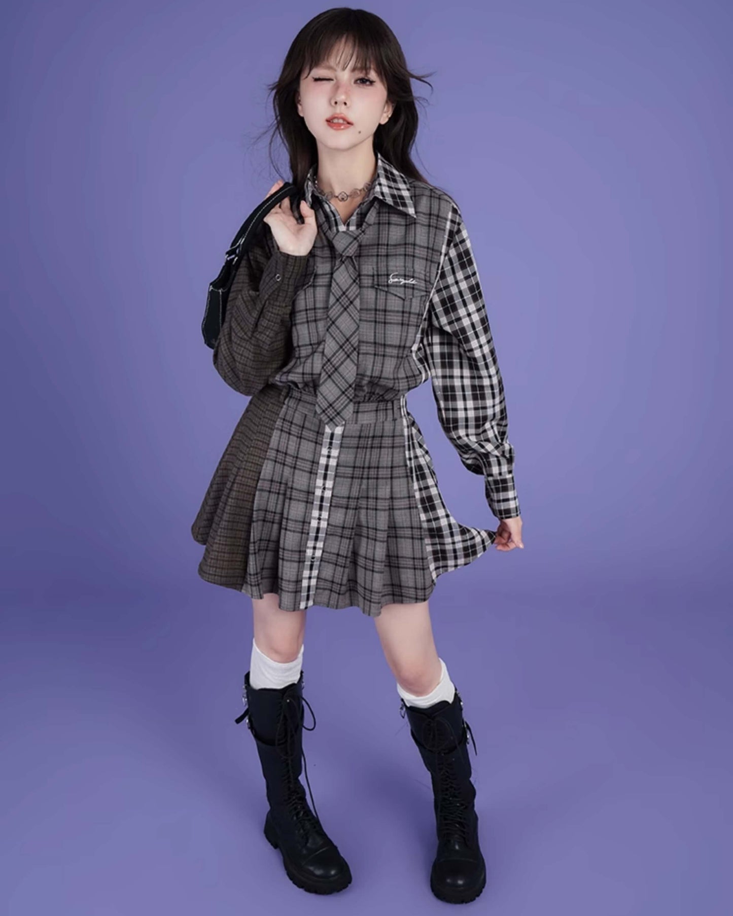 PATCHWORK CHECK SHIRT TIE DRESS