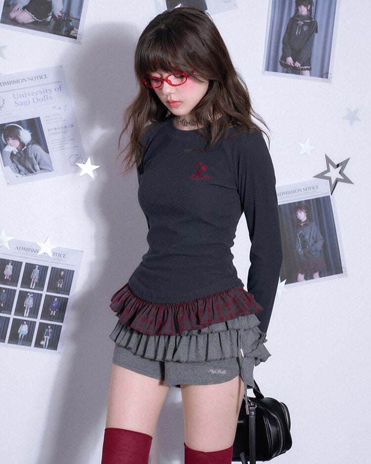 CHERRY EMBROIDERED PLAID FRILL TOP