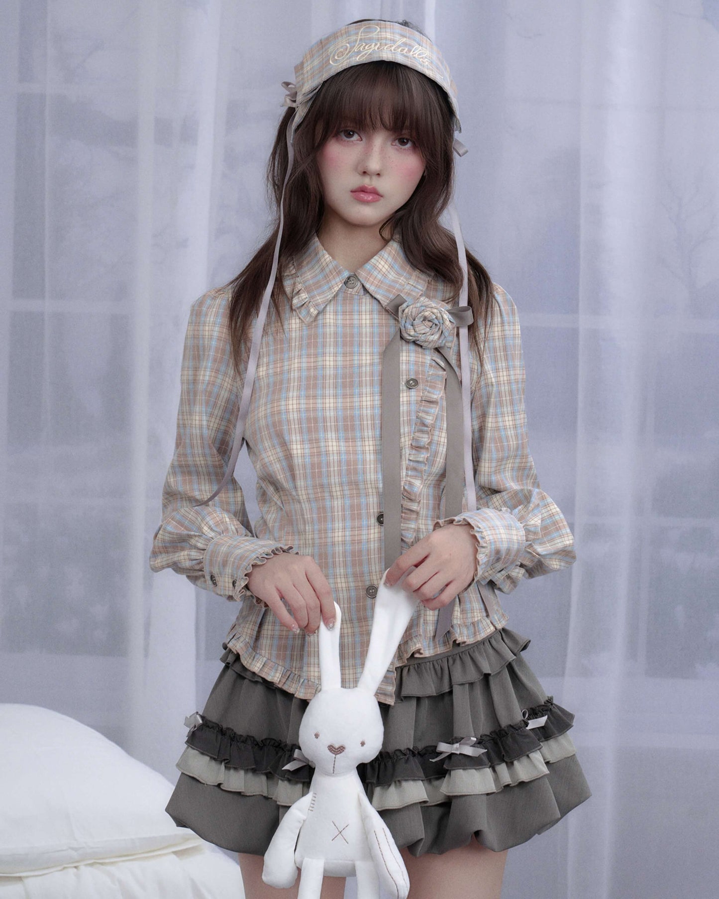 PLAID FRILL ROSE RIBBON BLOUSE