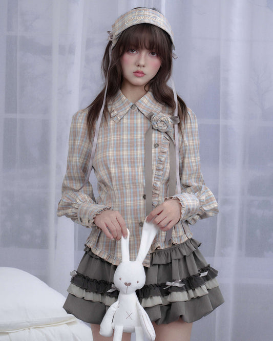 PLAID FRILL ROSE RIBBON BLOUSE