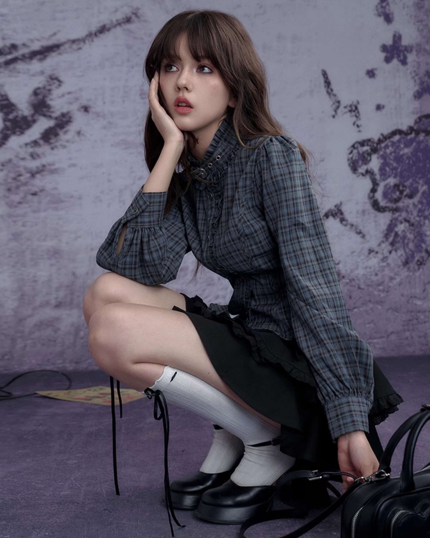 CHECK FRILL BUCKLE-NECK CORSET SHIRT