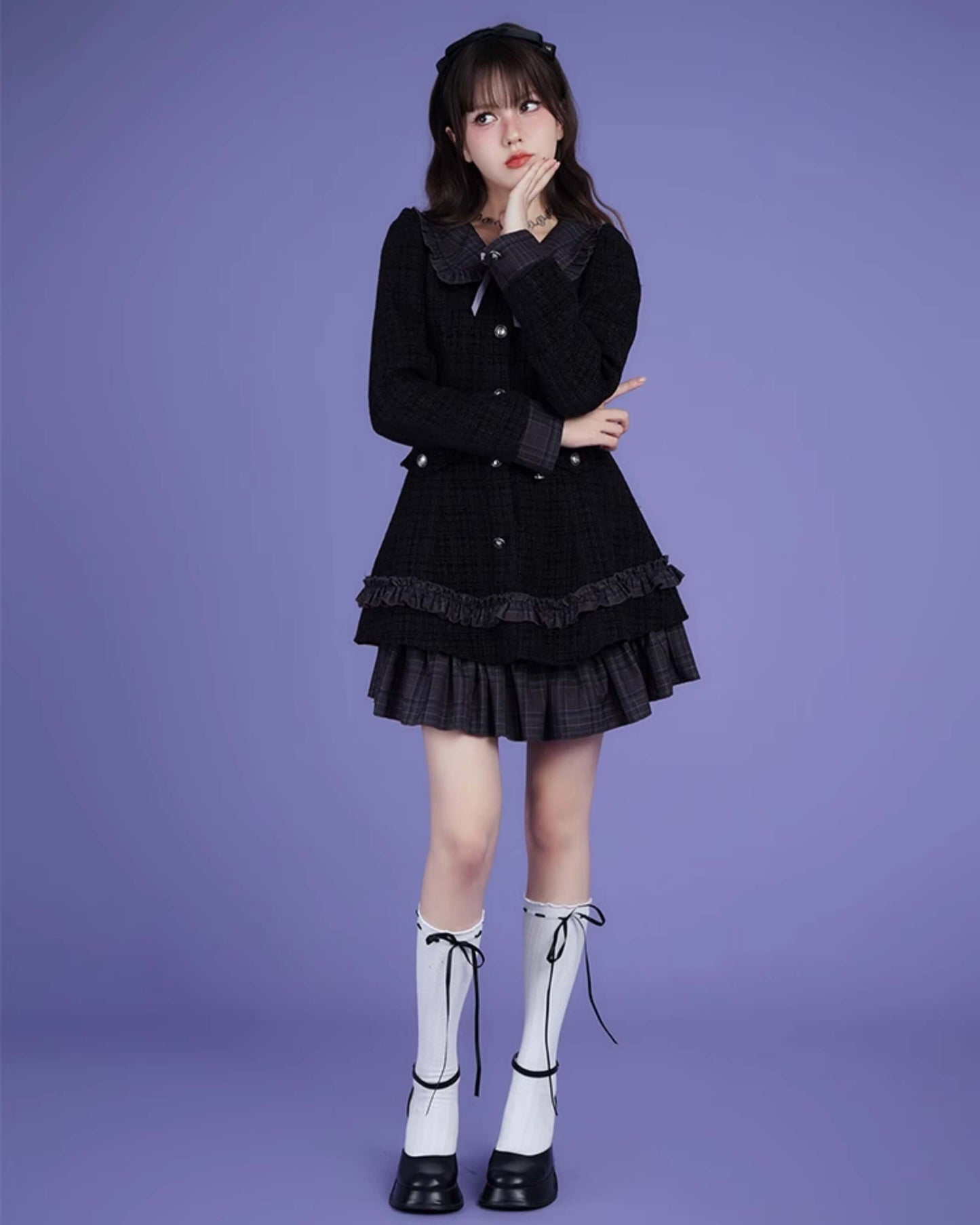 TWEED CHECK FRILL COLLAR LAYERED DRESS