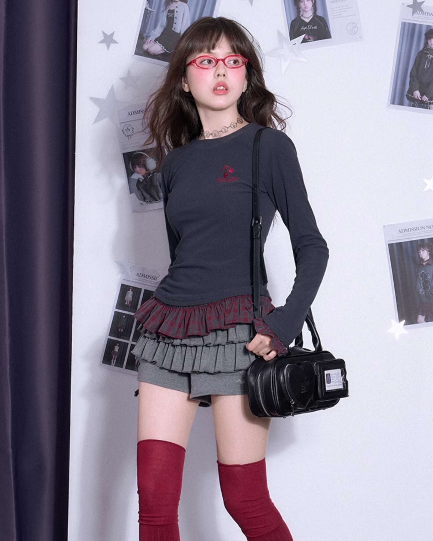 CHERRY EMBROIDERED PLAID FRILL TOP