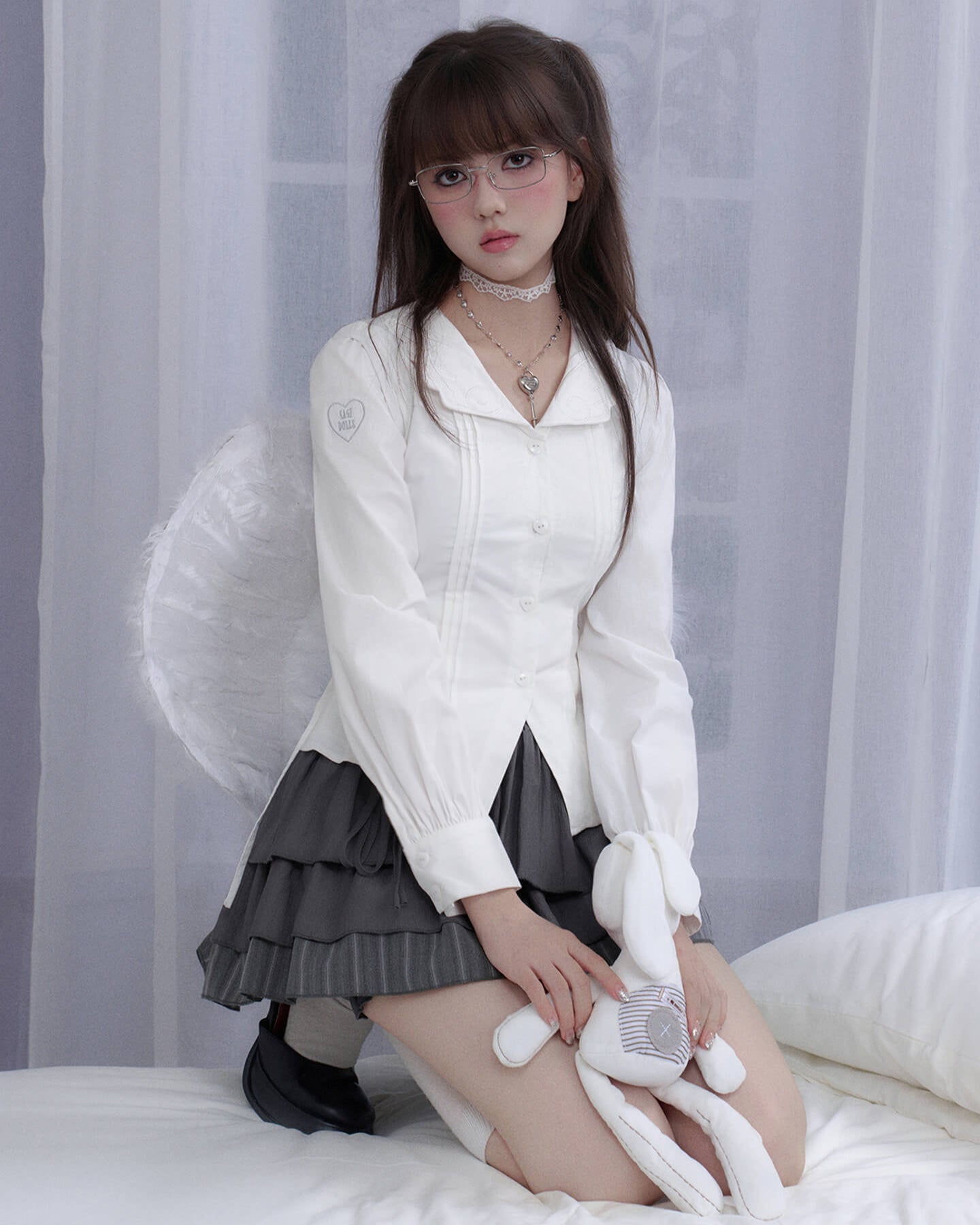 ANGEL WING COLLAR LACE-UP BLOUSE