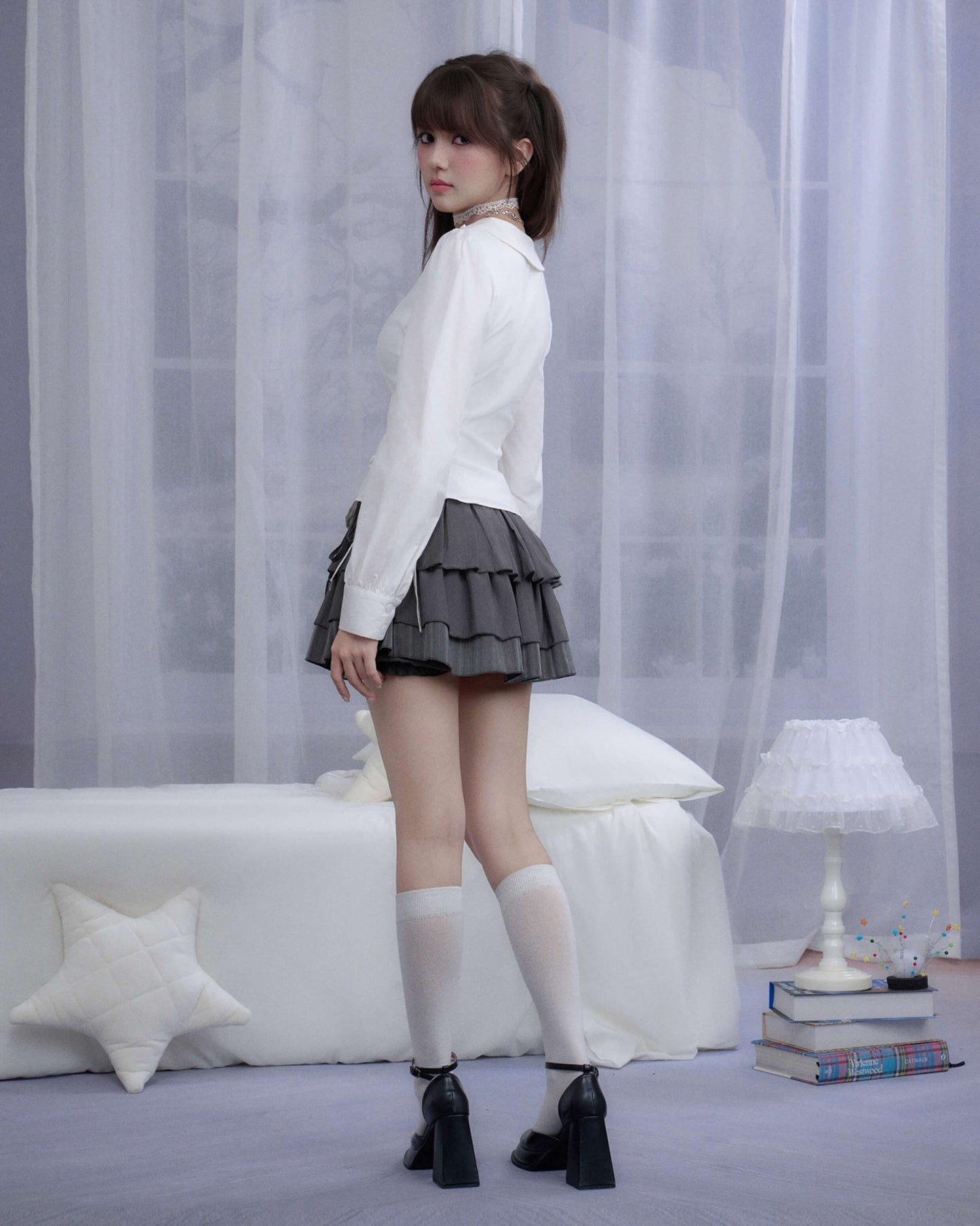 ANGEL WING COLLAR LACE-UP BLOUSE